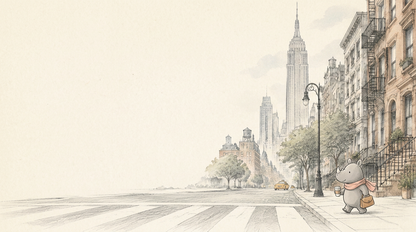 A pencil-sketched New York street and a calm walking rhino wearing a pink scarf, carrying a purse and coffee.